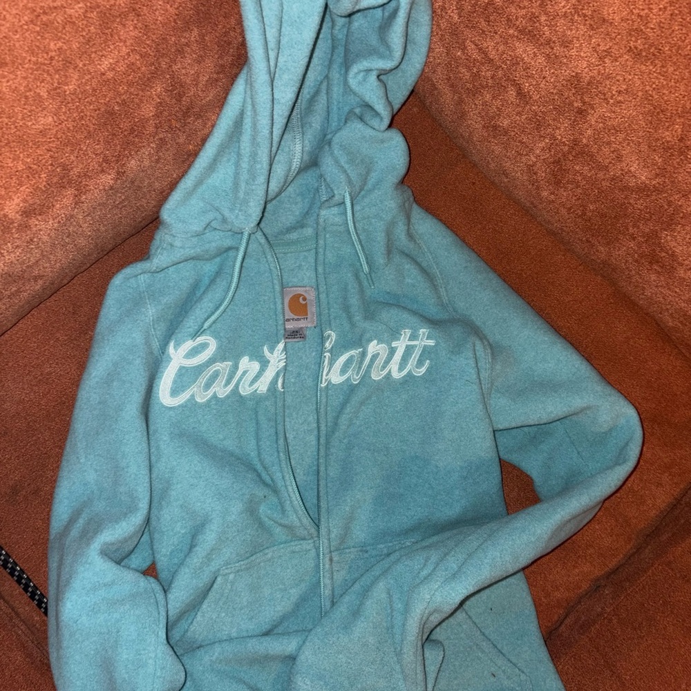 Carhartt Teal Script Logo Zip-Up Hoodie